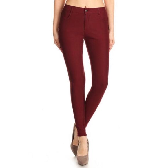 YELETE MID RISE PONTE KNIT SKINNY PANTS - WINE - Picture 1 of 13
